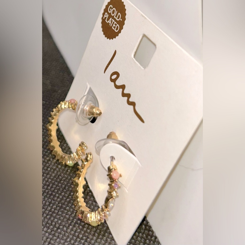 Beeline I Am Gold-Plated Mini Hoop Earrings Pink& Iridescent Crystals